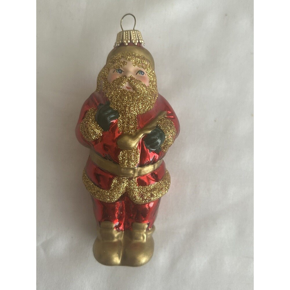 Ks Germany Vintage SANTA  RED GOLD GLITTER Glass Christmas Ornament